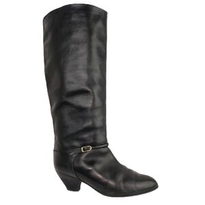 Vintage Sudini Black Leather 15" Heeled Boots w/ gold buckle detail Sz 9.5 W